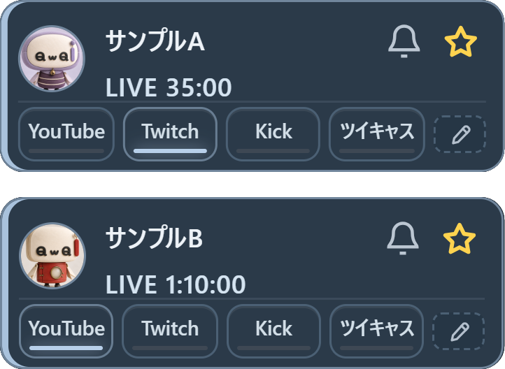 配信者のパネルが2枚。サンプルAはTwitchの下線が、サンプルBはYouTubeの下線が明るくなっていて、それぞれそのサイトで配信中であることを示しています。
